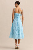 Anna Embroidered Powder Blue Square Neck Midi Dress