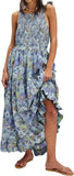 Women Floral Maxi Dress Tie Shoulder Cutout Backless Boho Smocked Flowy Dresses Summer Fall Sundress