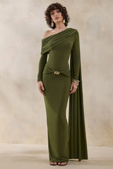 Bessy Green Asymmetric Neck Maxi Dress With Gathered Detailing And Sash