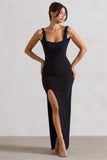 Kate Black Square Neck Maxi Dress with Plunge Back and Side Thigh Split
