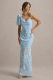 Chyna Light Blue Cowl Neck Maxi Dress With Bow Strap
