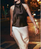 Women Halter Top Cowl Neck Backless Satin Silk Tank Tops Elegant Going Out Clubwear
