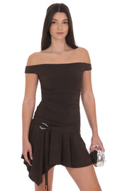 Embellished Off Shoulder Flare Dress in Brown