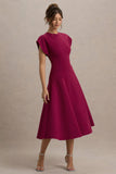 Linda Dark Cherry Crew Neck Cap Sleeve Midi Dress