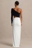 Malika Black And White Asymmetric Neck Maxi Dress With Body Cut Out And Gathered Detailing