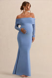 Pretty Perfect Powder Blue Maternity Ruched Mesh Bardot Maxi Dress