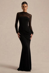 Deema Black Jersey And Mesh High Neck Maxi Dress