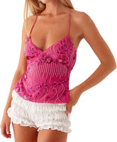 Women Sequin Beaded Cami Top V Neck Backless Criss Cross Straps Crop Tops Summer Going Out Clubwear