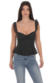 Lace Ruffle Strap Top in Black