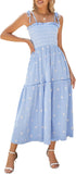 Women Floral Embroidered Maxi Dress Sleeveless Tie Shoulder Smocked Flowy Dress Boho Summer Sundresses with Pockets