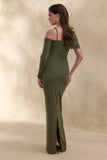 Silvaria Olive Twisted Asymmetric Neck Maxi Dress