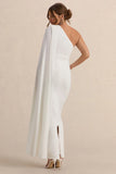 Amaryllis White Maternity One Shoulder Maxi Dress with Cape Sleeve