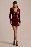 Ritz Burgundy Sequin Plunge Neck Mini Dress With Long Sleeves