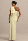 Valerie Lemon Satin Asymmetric Neck Maxi Dress With Bow Detail