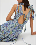 Women Floral Maxi Dress Tie Shoulder Cutout Backless Boho Smocked Flowy Dresses Summer Fall Sundress