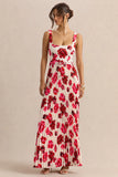 Danika Hot Pink Floral Print Square Neck Belted Maxi Dress With Pleated Skirt