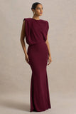 Meave Burgundy Boat Neck Maxi Dress With Draped Detail