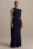 Tiana Navy Asymmetric Neck Maxi Dress With Drape Detail