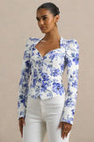 Olympia Blue Floral Print Sweetheart Neck Tailored Top