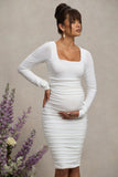 New Life White Maternity Square Neck Ruched Midi Dress