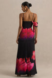 Leonara Black And Pink Floral Print Cowl Neck Maxi Dress With One Sleeve