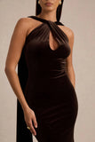Layli Brown Velvet Halter Neck Maxi Dress With Cape