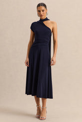 Lythara Navy Asymmetric Neck Midi Dress With Scarf Detail