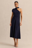 Lythara Navy Asymmetric Neck Midi Dress With Scarf Detail