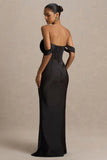Perenna Black Satin Sweetheart Neck Maxi Dress With Draped Sleeves