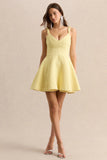 Morgania Lemon Boucle Plunge Neck Mini Dress