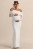 Pretty Perfect White Maternity Ruched Mesh Bardot Maxi Dress