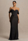 Perenna Black Satin Sweetheart Neck Maxi Dress With Draped Sleeves