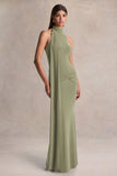 Hyla Green High Neck Maxi Dress With Sash Detail