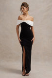Eva Black White Bardot Bow Detail Maxi Dress With Thigh Split
