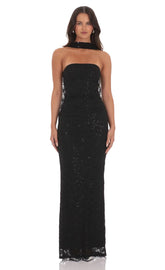 Sequin Scarf Lace Maxi Dress in Black