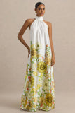 Glide Sunflower Print Satin High Neck Slip Maxi Dress