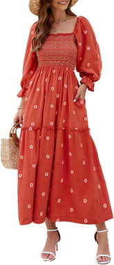 Women Floral Embroidered Maxi Dress Long Puff Sleeve Square Neck Bohemian Flowy Dress with Pockets Summer Fall