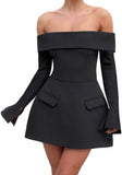 Women Sexy Mini Dress Off Shoulder Long Sleeve A Line Dress Short Formal Dresses Party Clubwear