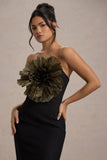 Moya Black Gold Bodycon Midi Dress With Corsage Detail