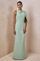Quira Mint Asymmetric Neck Maxi Dress With Cape Sleeve