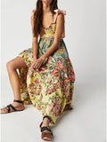 Women Floral Maxi Dress Tie Shoulder Patchwork Smocked Flowy Boho Dress with Pockets Summer Vacation Sundress