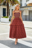 Women Floral Embroidered Maxi Dress Sleeveless Tie Shoulder Smocked Flowy Dress Boho Summer Sundresses with Pockets