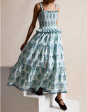 Women Floral Maxi Dress Sleeveless Smocked Ruffle Flowy Boho Sundress with Pockets Summer Vacation