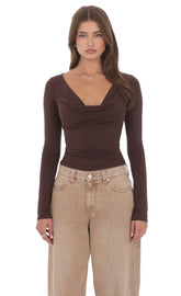 Cowl Neck Long Sleeve Top in Brown