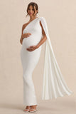 Amaryllis White Maternity One Shoulder Maxi Dress with Cape Sleeve