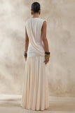 Glorina Cream Plunge Neck Maxi Dress With Draped Detailing