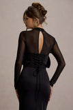 Alder Black Mesh Long Sleeve Ruffled Split Maxi Dress