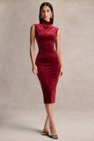 Nivina Red Velvet High Neck Midi Dress With Cap Sleeves