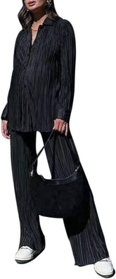 Pleated 2 Piece Outfits for Women Long Sleeve Oversized Button Down Shirt Wide Leg Pants Sets Casual Loungewear
