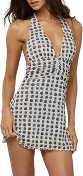 Women Polka Dot Mini Dress Halter Deep V Neck Backless Dresses Going Out Beach Vacation